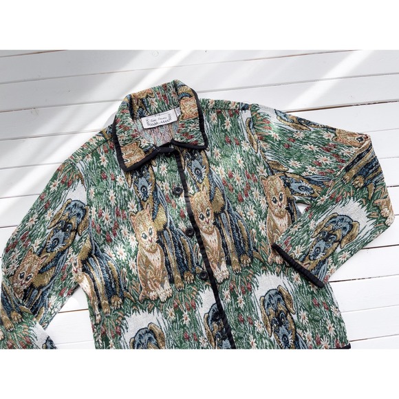 vtg Sara Studio cat kitten puppy dog floral cottagecore woven tapestry jacket - Picture 1 of 5